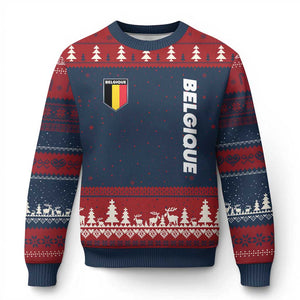 Belgique Belgium Flag Shield Minimalist Graphic Ugly Christmas Sweater French Belgian Pride and European Heritage Souvenir TS02 Navy Red Print Your Wear