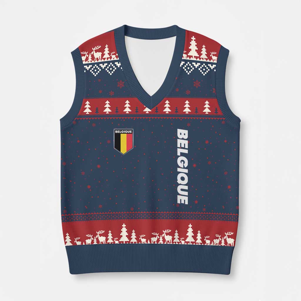 Belgique Belgium Flag Shield Minimalist Graphic V-Neck Knit Sweater Vest French Belgian Pride and European Heritage Souvenir TS02 Navy Red Print Your Wear