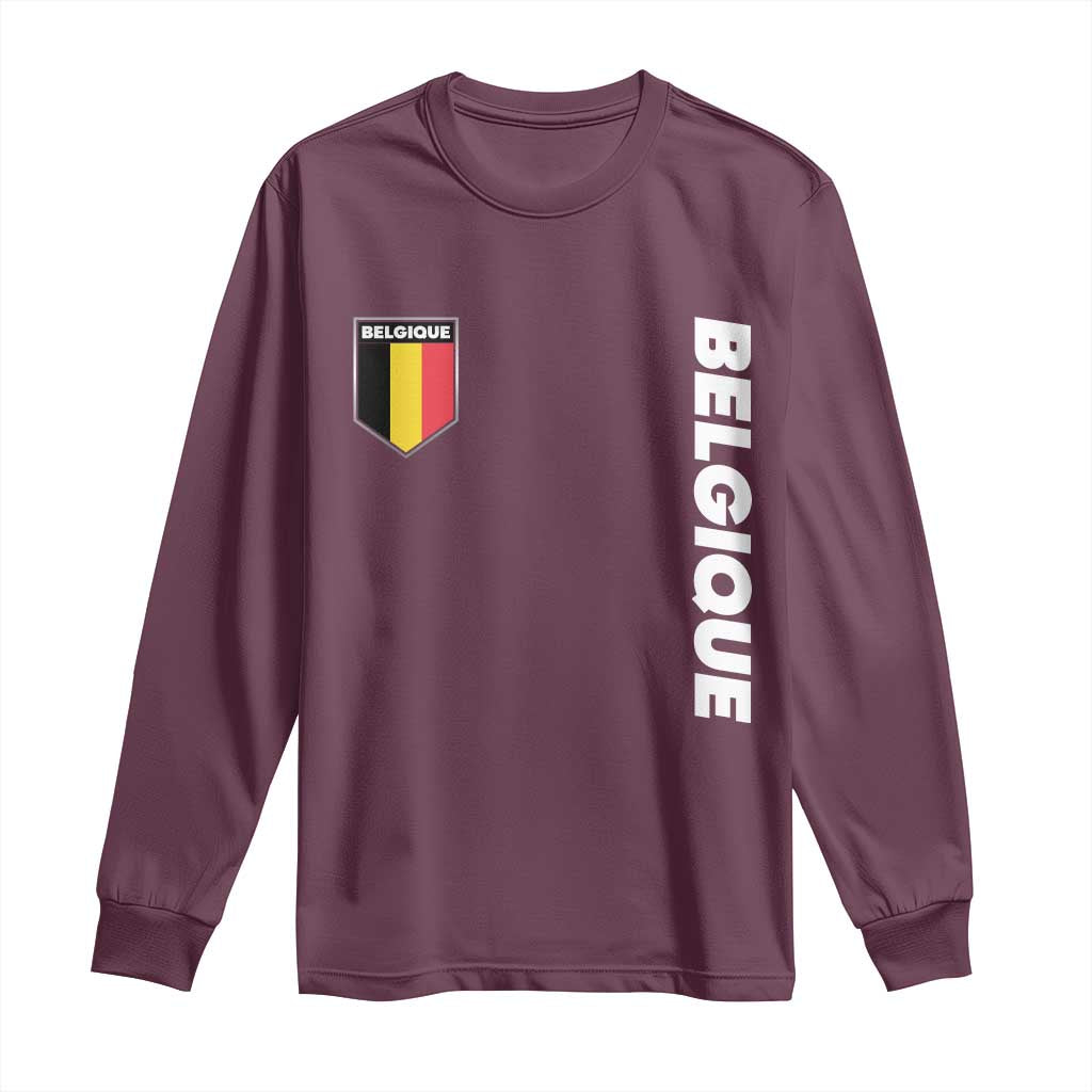 Belgique Belgium Flag Shield Minimalist Graphic Long Sleeve Shirt French Belgian Pride and European Heritage Souvenir TS02 Maroon Print Your Wear