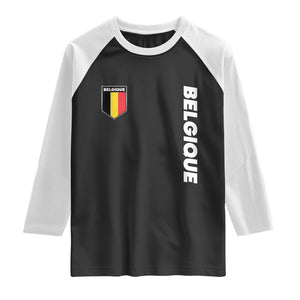 Belgique Belgium Flag Shield Minimalist Graphic Raglan Shirt French Belgian Pride and European Heritage Souvenir TS02 Black White Print Your Wear