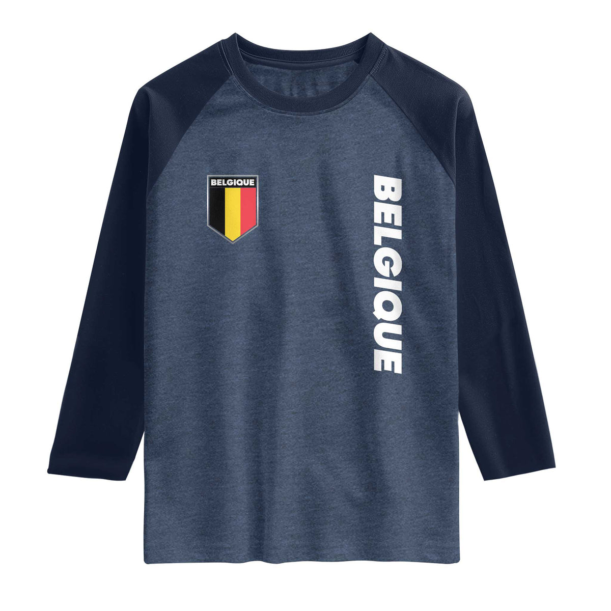 Belgique Belgium Flag Shield Minimalist Graphic Raglan Shirt French Belgian Pride and European Heritage Souvenir TS02 Heather Denim Navy Print Your Wear