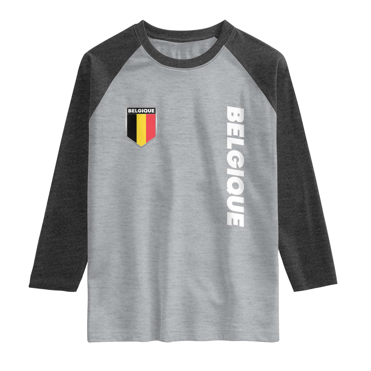 Belgique Belgium Flag Shield Minimalist Graphic Raglan Shirt French Belgian Pride and European Heritage Souvenir TS02 Heather Gray Heather Charcoal Print Your Wear