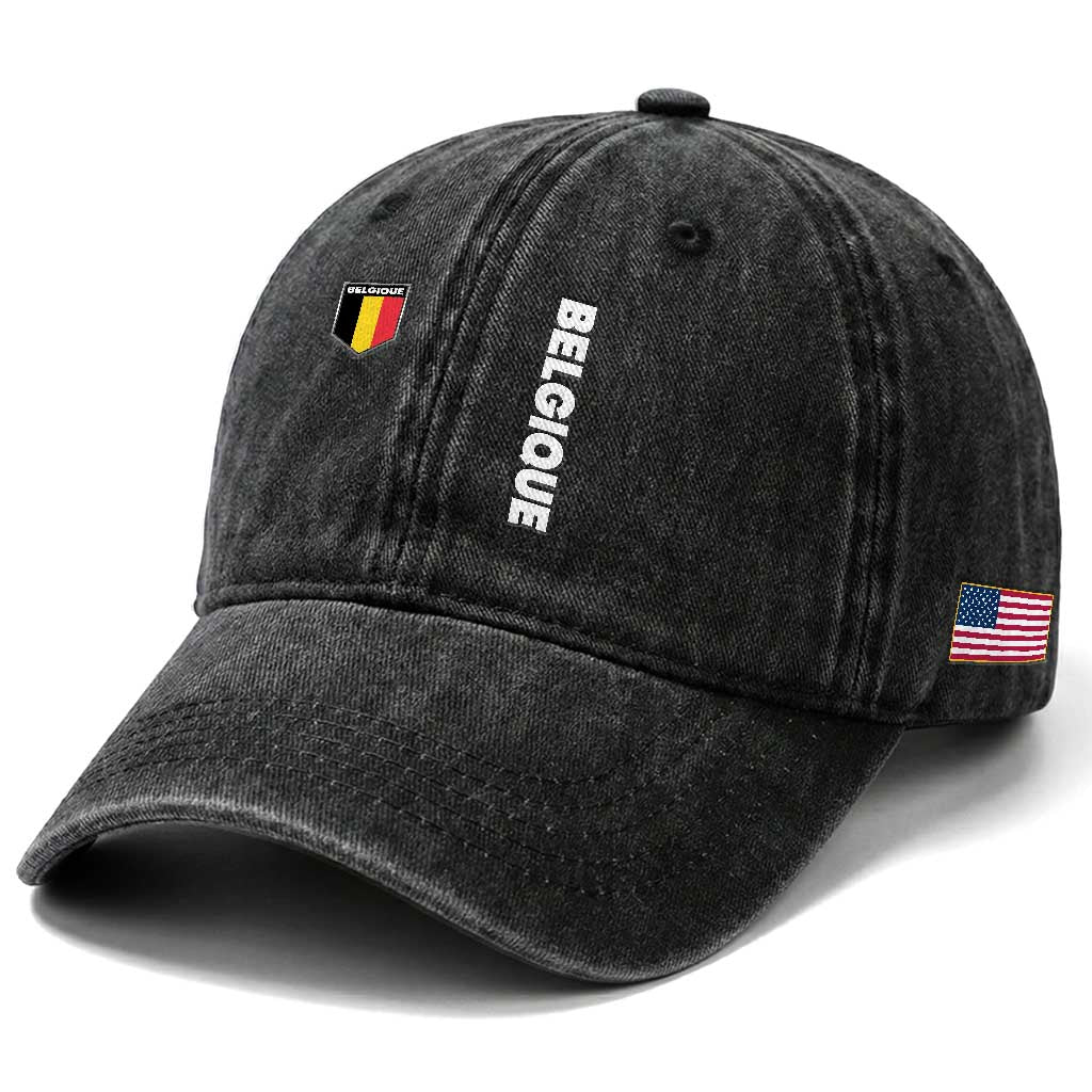 Belgique Belgium Flag Shield Minimalist Graphic Washed Cotton Baseball Cap French Belgian Pride and European Heritage Souvenir TS02 Print Your Wear