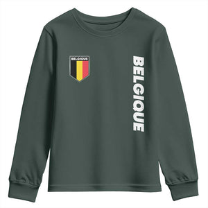 Belgique Belgium Flag Shield Minimalist Graphic Youth Sweatshirt French Belgian Pride and European Heritage Souvenir TS02 Dark Forest Green Print Your Wear