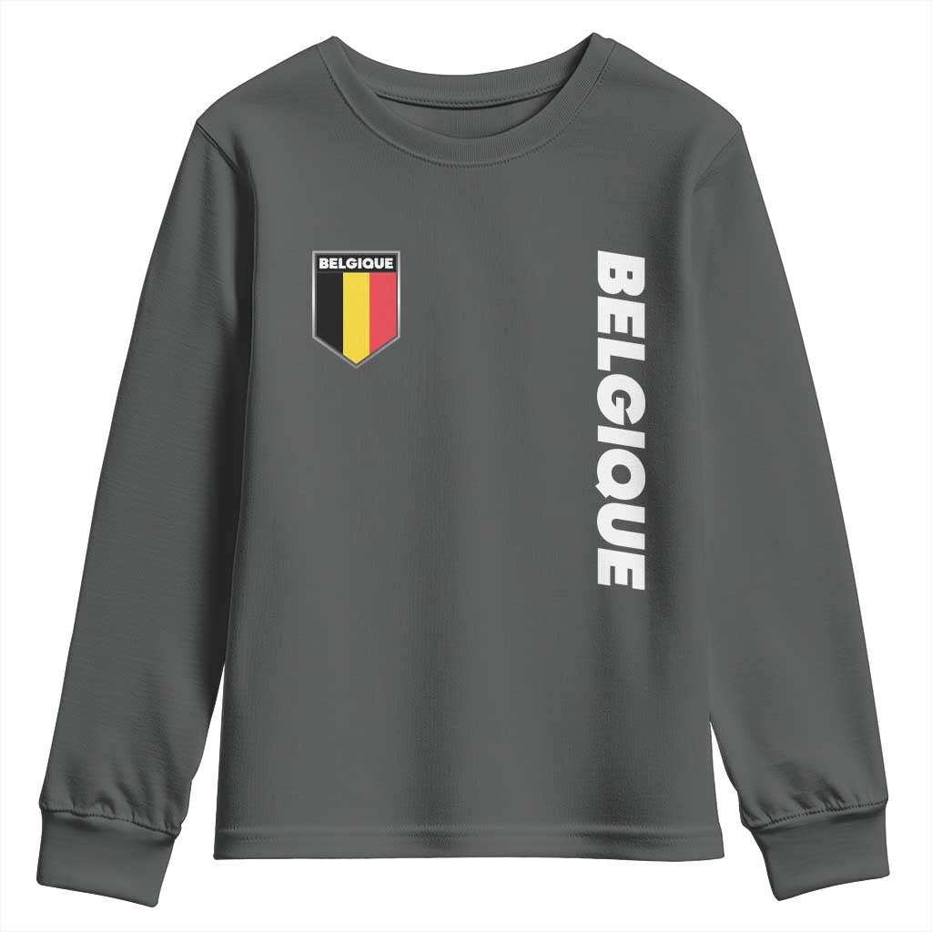 Belgique Belgium Flag Shield Minimalist Graphic Youth Sweatshirt French Belgian Pride and European Heritage Souvenir TS02 Dark Heather Print Your Wear