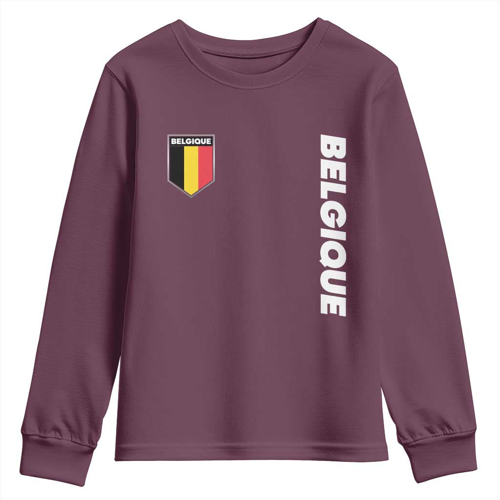 Belgique Belgium Flag Shield Minimalist Graphic Youth Sweatshirt French Belgian Pride and European Heritage Souvenir TS02 Maroon Print Your Wear