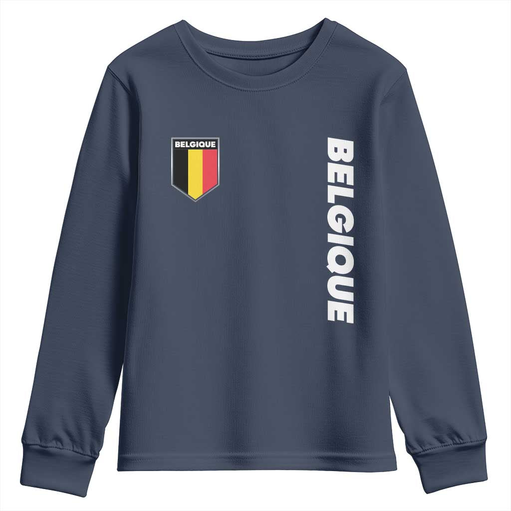 Belgique Belgium Flag Shield Minimalist Graphic Youth Sweatshirt French Belgian Pride and European Heritage Souvenir TS02 Navy Print Your Wear