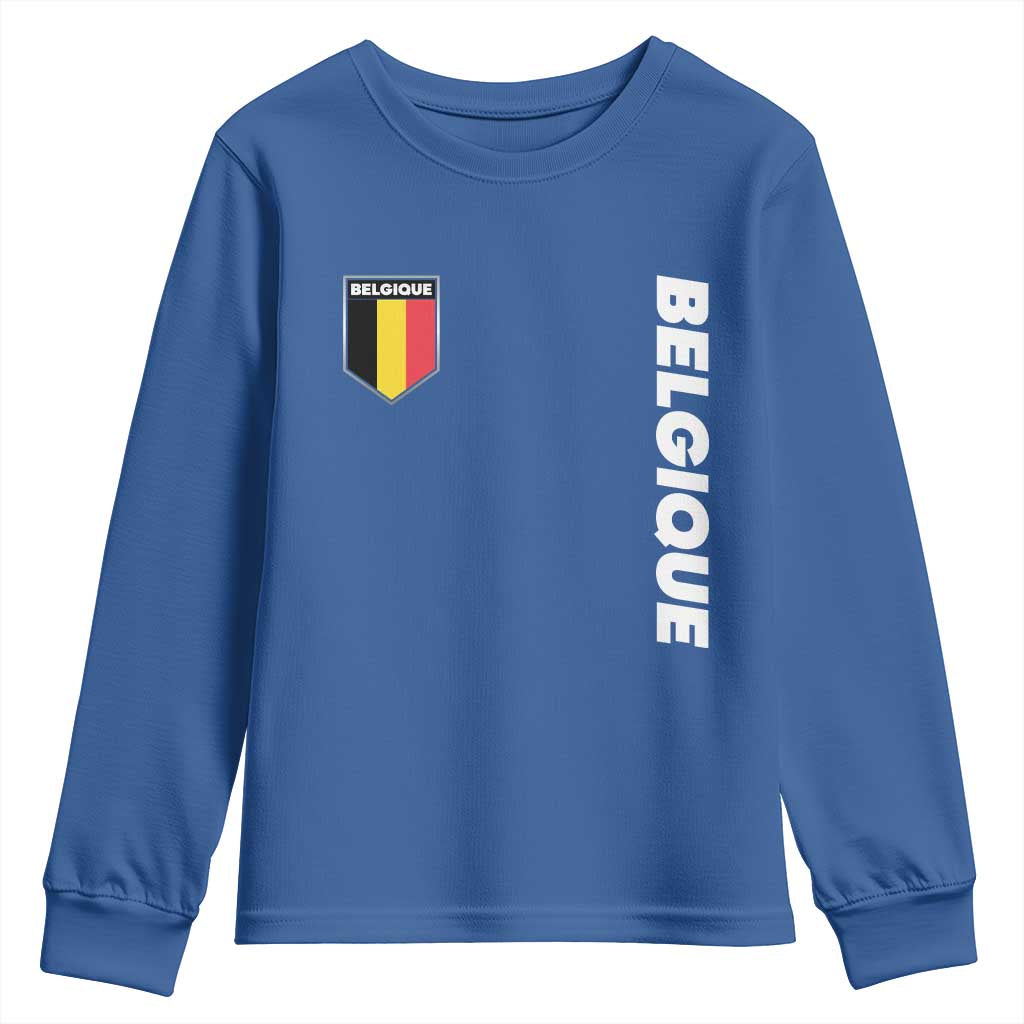 Belgique Belgium Flag Shield Minimalist Graphic Youth Sweatshirt French Belgian Pride and European Heritage Souvenir TS02 Royal Blue Print Your Wear