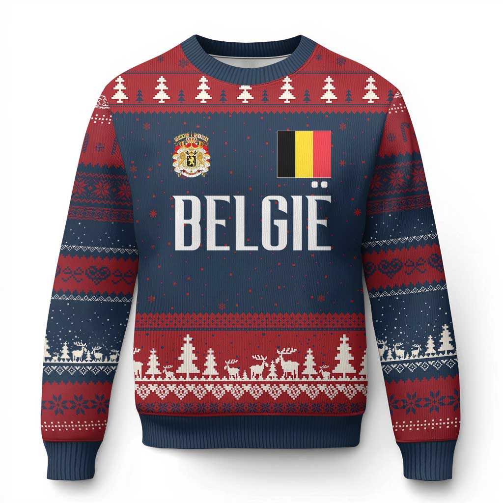 Royal Coat of Arms Belgie Crest Graphic Ugly Christmas Sweater Traditional Belgium Belgian Flag and Lion Heritage Pride Gift TS02 Navy Red Print Your Wear