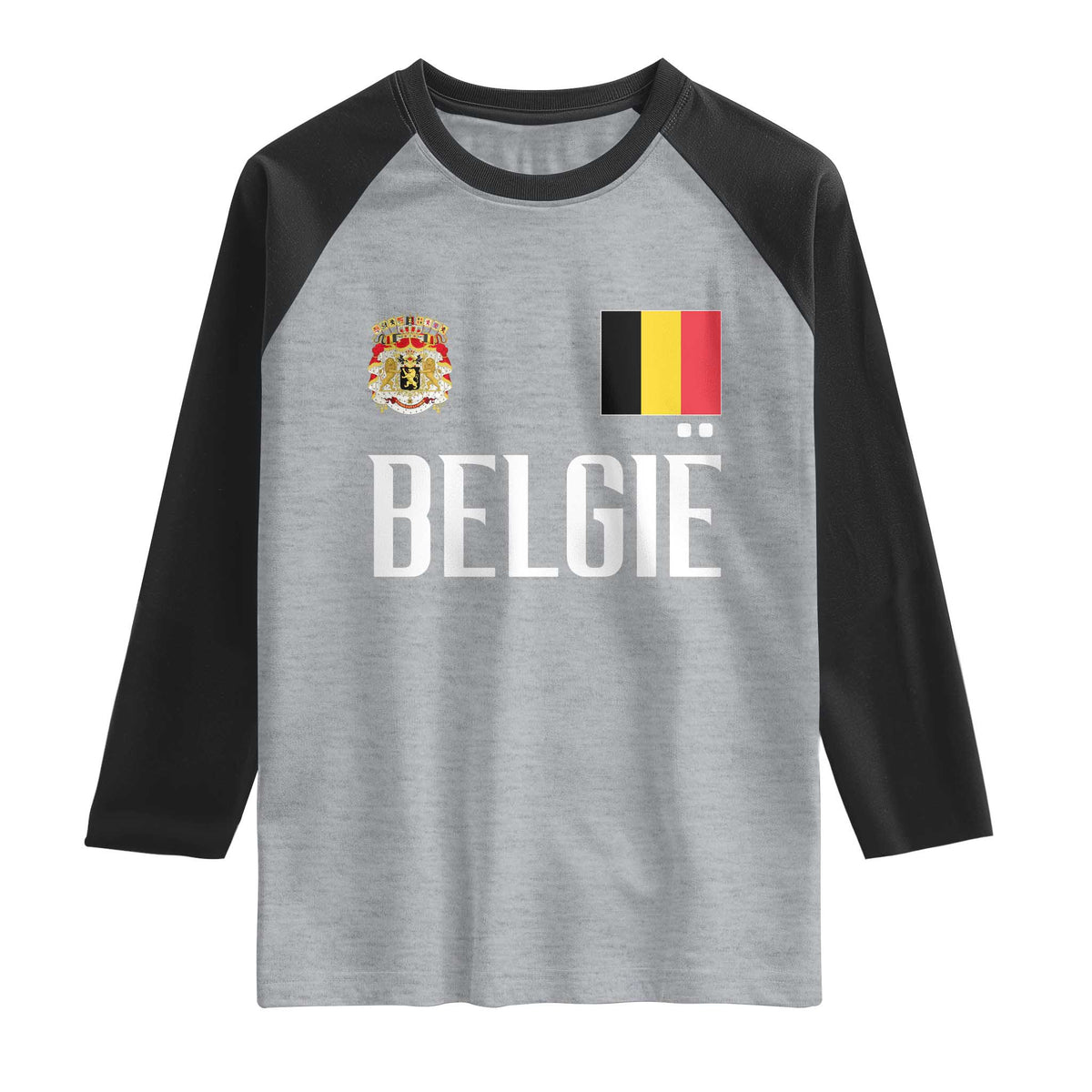 Royal Coat of Arms Belgie Crest Graphic Raglan Shirt Traditional Belgium Belgian Flag and Lion Heritage Pride Gift TS02 Heather Gray Black Print Your Wear