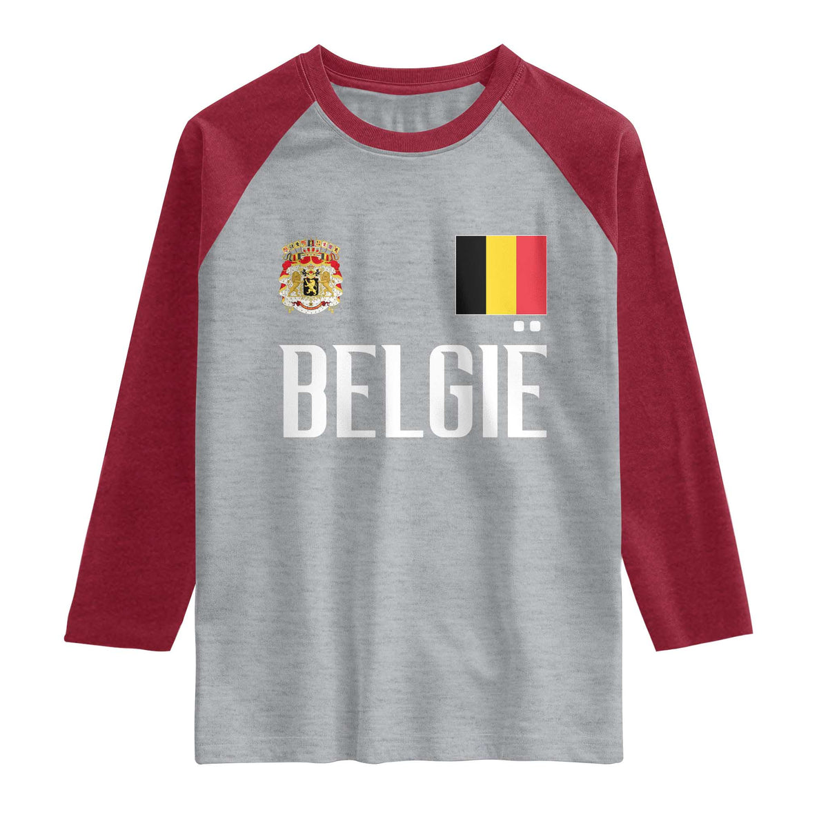 Royal Coat of Arms Belgie Crest Graphic Raglan Shirt Traditional Belgium Belgian Flag and Lion Heritage Pride Gift TS02 Heather Gray Heather Red Print Your Wear
