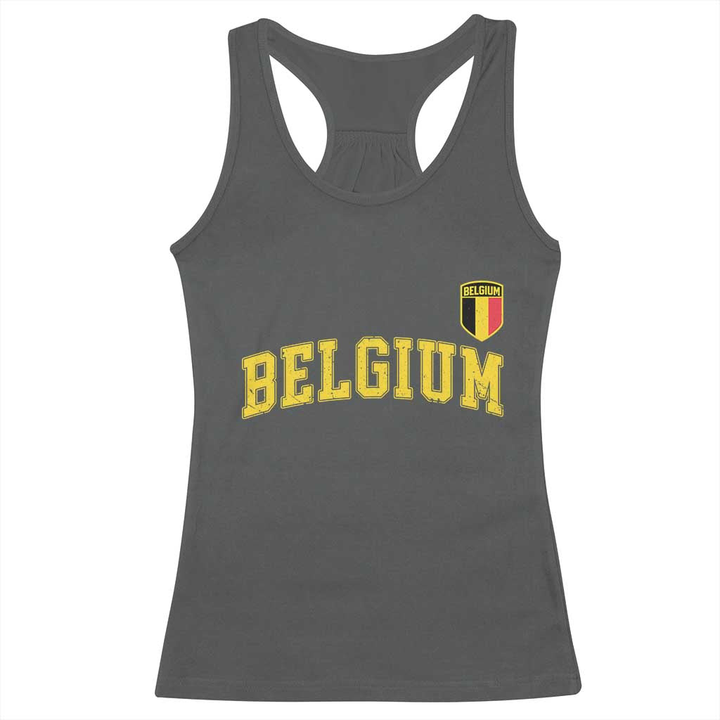 Vintage Belgium Varsity Style Distressed Graphic Racerback Tank Top Classic Collegiate Belgian Pride TS02 Dark Heather Print Your Wear