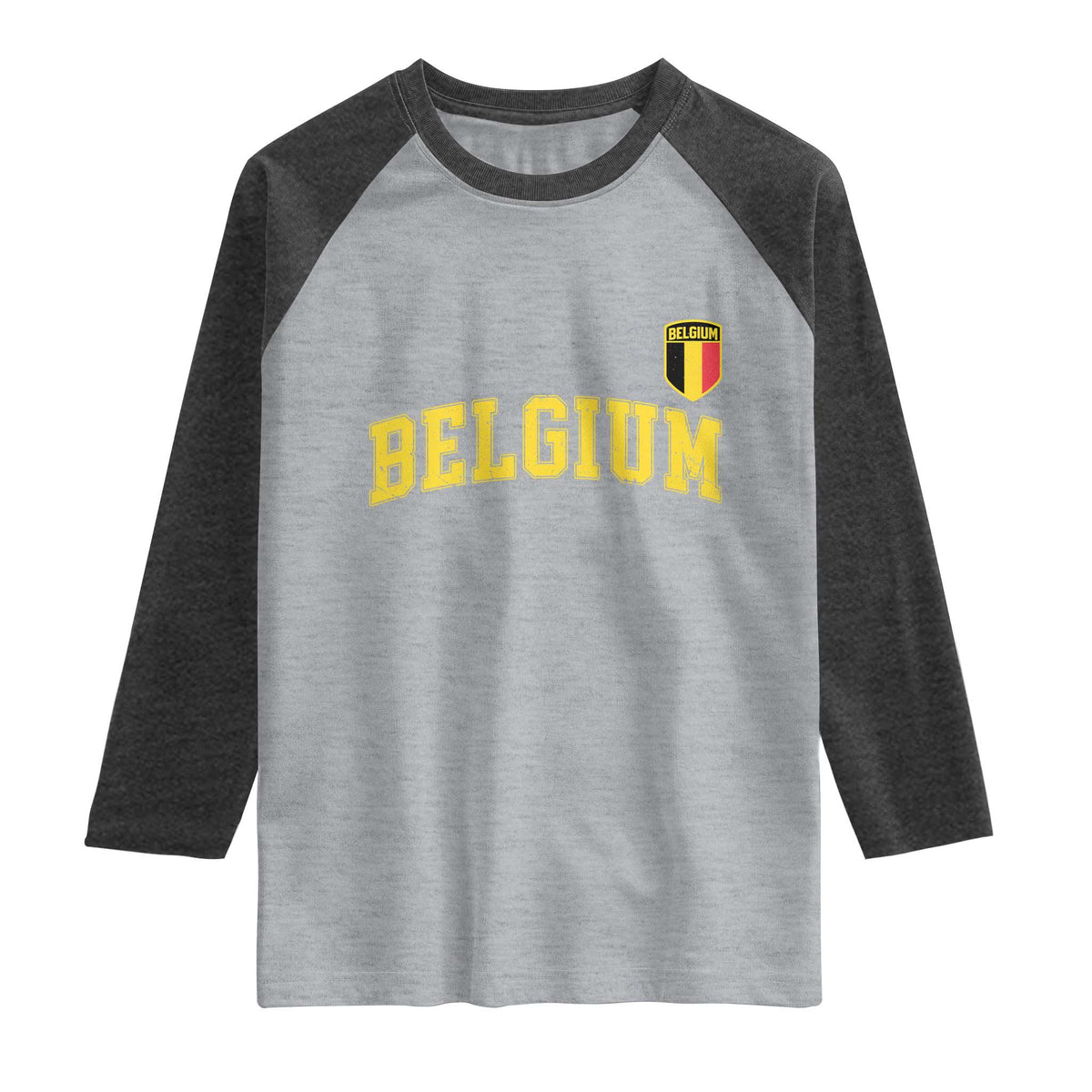 Vintage Belgium Varsity Style Distressed Graphic Raglan Shirt Classic Collegiate Belgian Pride TS02 Heather Gray Heather Charcoal Print Your Wear