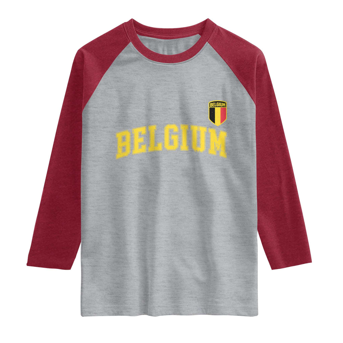 Vintage Belgium Varsity Style Distressed Graphic Raglan Shirt Classic Collegiate Belgian Pride TS02 Heather Gray Heather Red Print Your Wear