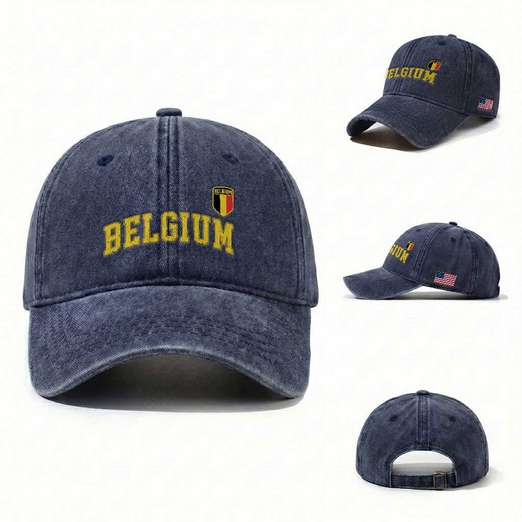 Vintage Belgium Varsity Style Distressed Graphic Washed Cotton Baseball Cap Classic Collegiate Belgian Pride TS02 Washed Cap Universal Fit Navy Print Your Wear