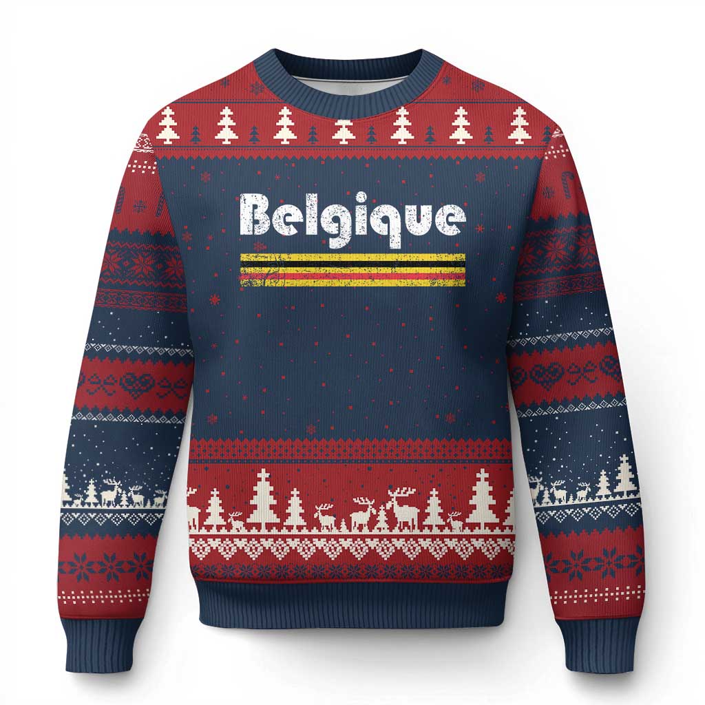 Retro Belgique Belgium Flag Distressed Graphic in French Ugly Christmas Sweater Proud Belgian Heritage and Country Roots Pride Gift TS02 Navy Red Print Your Wear