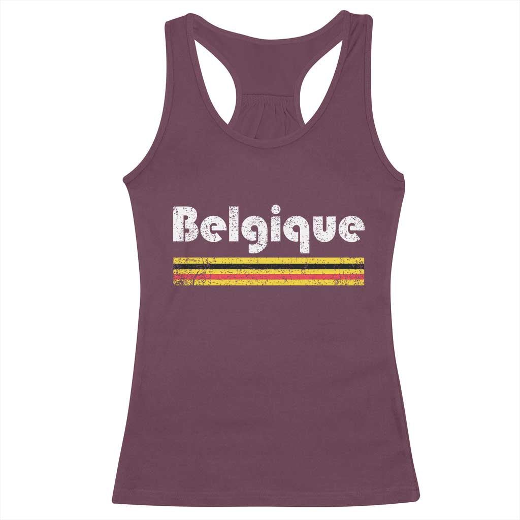 Retro Belgique Belgium Flag Distressed Graphic in French Racerback Tank Top Proud Belgian Heritage and Country Roots Pride Gift TS02 Maroon Print Your Wear