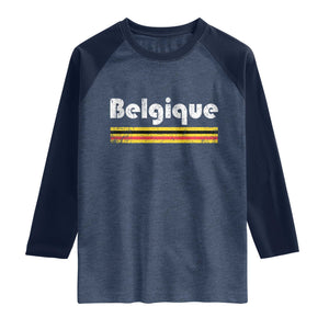 Retro Belgique Belgium Flag Distressed Graphic in French Raglan Shirt Proud Belgian Heritage and Country Roots Pride Gift TS02 Heather Denim Navy Print Your Wear