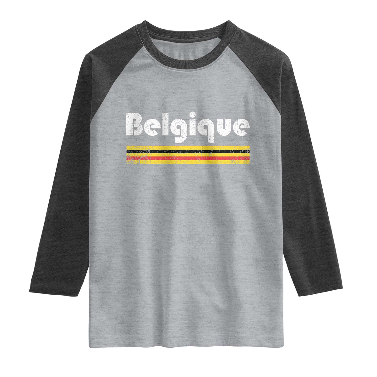 Retro Belgique Belgium Flag Distressed Graphic in French Raglan Shirt Proud Belgian Heritage and Country Roots Pride Gift TS02 Heather Gray Heather Charcoal Print Your Wear