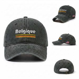 Retro Belgique Belgium Flag Distressed Graphic in French Washed Cotton Baseball Cap Proud Belgian Heritage and Country Roots Pride Gift TS02 Washed Cap Universal Fit Dark Green Print Your Wear