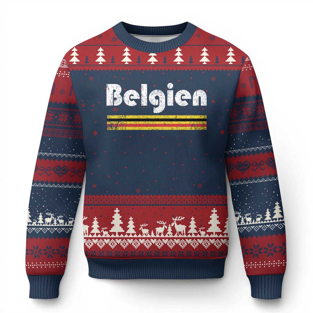 Retro Belgien Belgium Flag Distressed Graphic in German Ugly Christmas Sweater Proud Belgian Heritage and Country Roots Pride Gift TS02 Navy Red Print Your Wear
