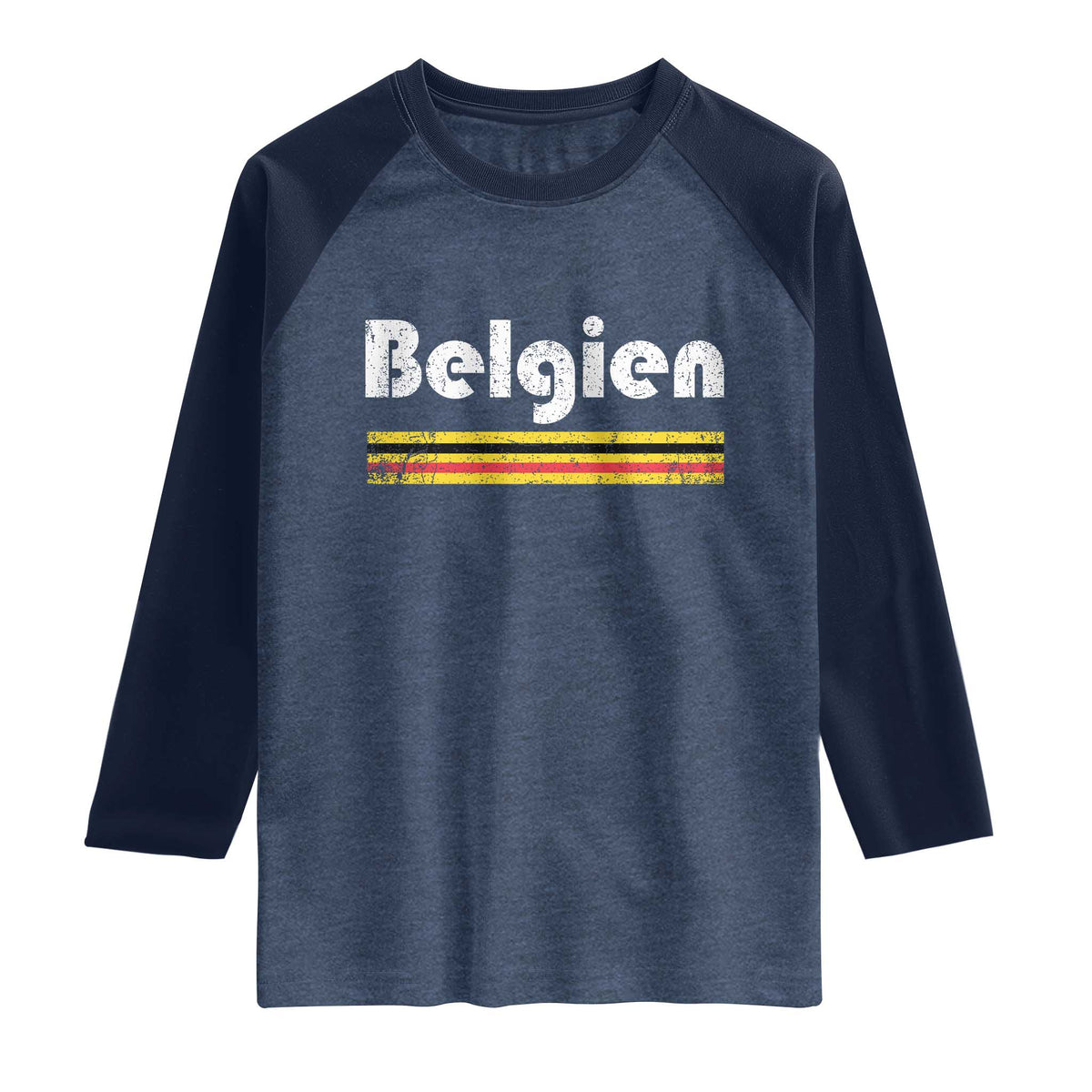 Retro Belgien Belgium Flag Distressed Graphic in German Raglan Shirt Proud Belgian Heritage and Country Roots Pride Gift TS02 Heather Denim Navy Print Your Wear