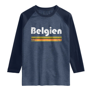 Retro Belgien Belgium Flag Distressed Graphic in German Raglan Shirt Proud Belgian Heritage and Country Roots Pride Gift TS02 Heather Denim Navy Print Your Wear
