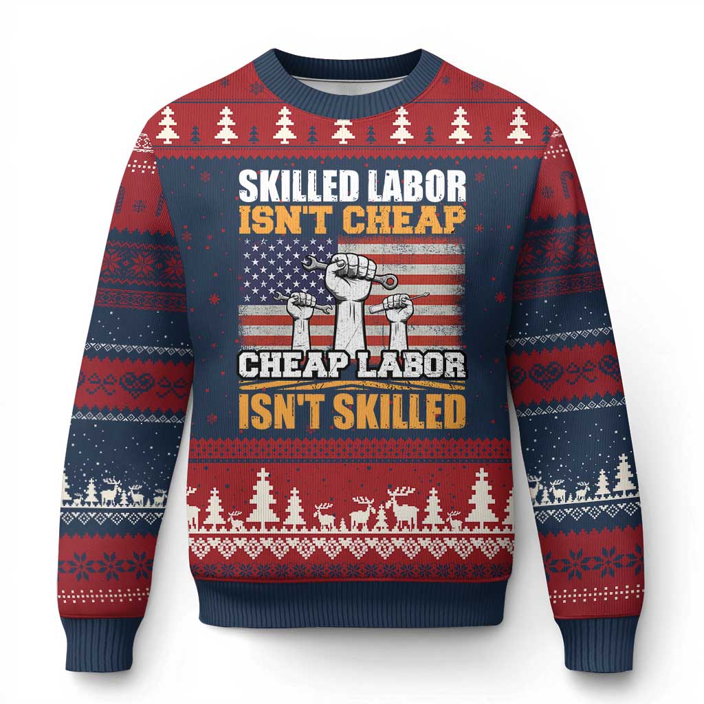 Skilled Labor Patriotic USA Flag Ugly Christmas Sweater Blue Collar Trade Union Hand Tools Pride Graphic TS02 Navy Red Print Your Wear