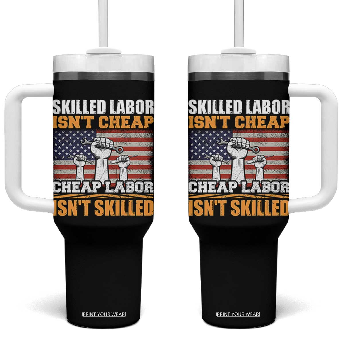 Skilled Labor Patriotic USA Flag Tumbler With Handle Blue Collar Trade Union Hand Tools Pride Graphic TS02 One Size: 40 oz Black Print Your Wear