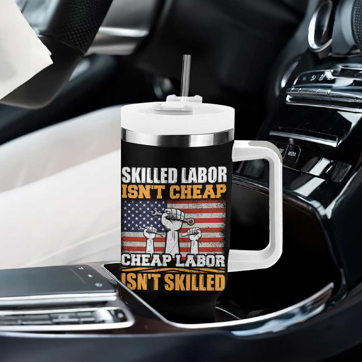 Skilled Labor Patriotic USA Flag Tumbler With Handle Blue Collar Trade Union Hand Tools Pride Graphic TS02 Print Your Wear