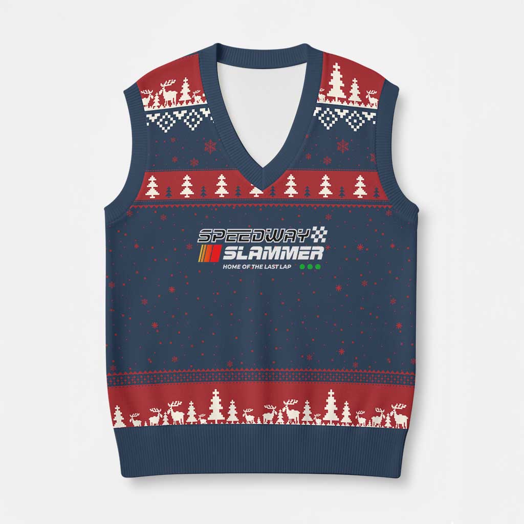Speedway Slammer Racing 2025 V-Neck Knit Sweater Vest Home of The Last Lap TS02 Navy Red Print Your Wear