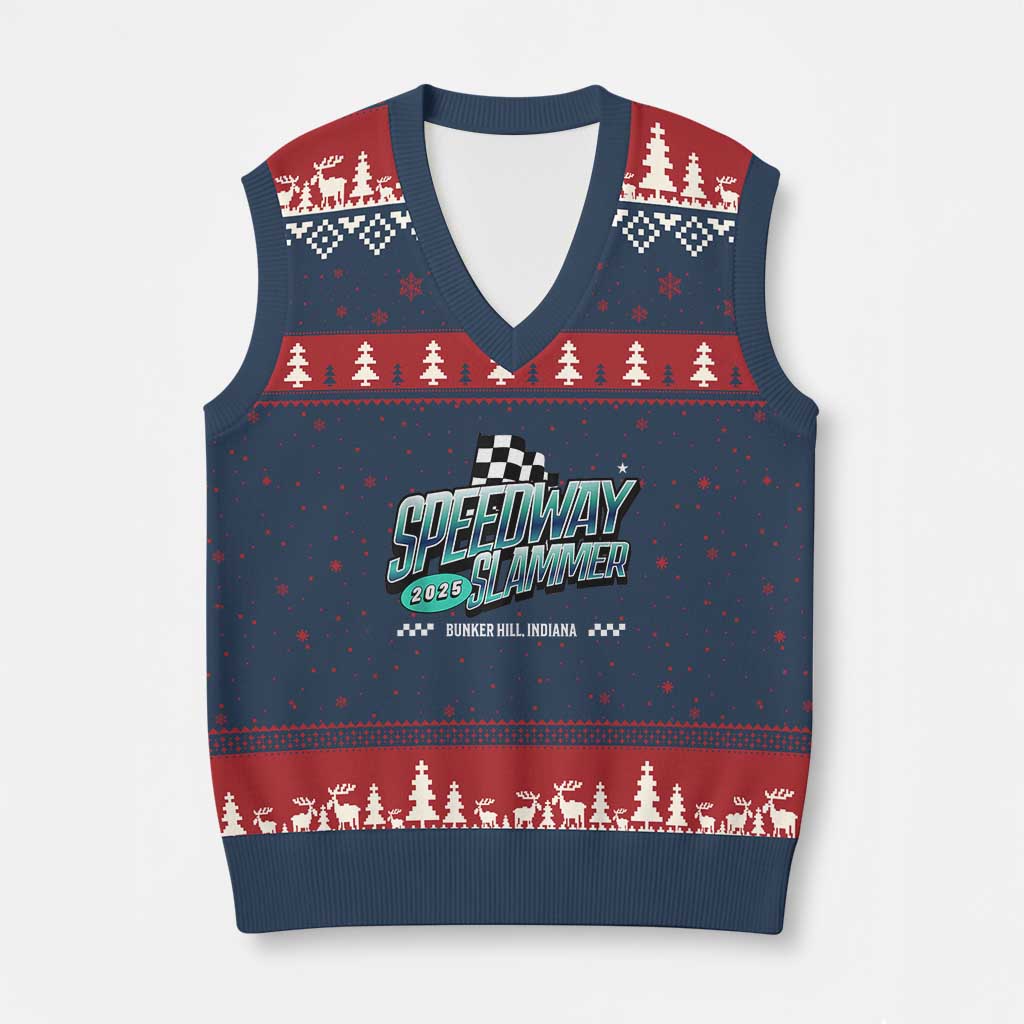 Speedway Slammer 2025 V-Neck Knit Sweater Vest Bunker Hill Indiana TS02 Navy Red Print Your Wear