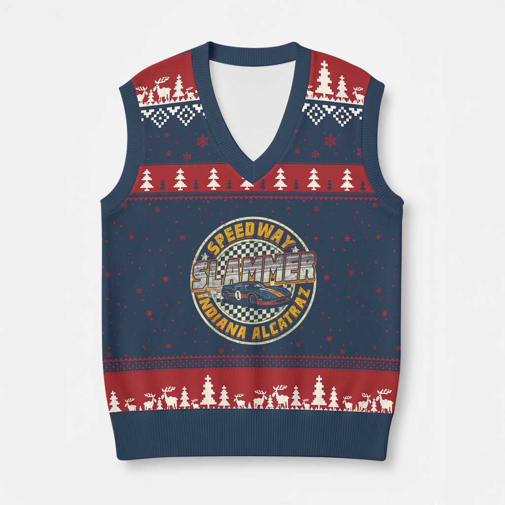 Speedway Slammer 2025 V-Neck Knit Sweater Vest Indiana Alcatraz Retro Vintage Racing Graphic TS02 Navy Red Print Your Wear