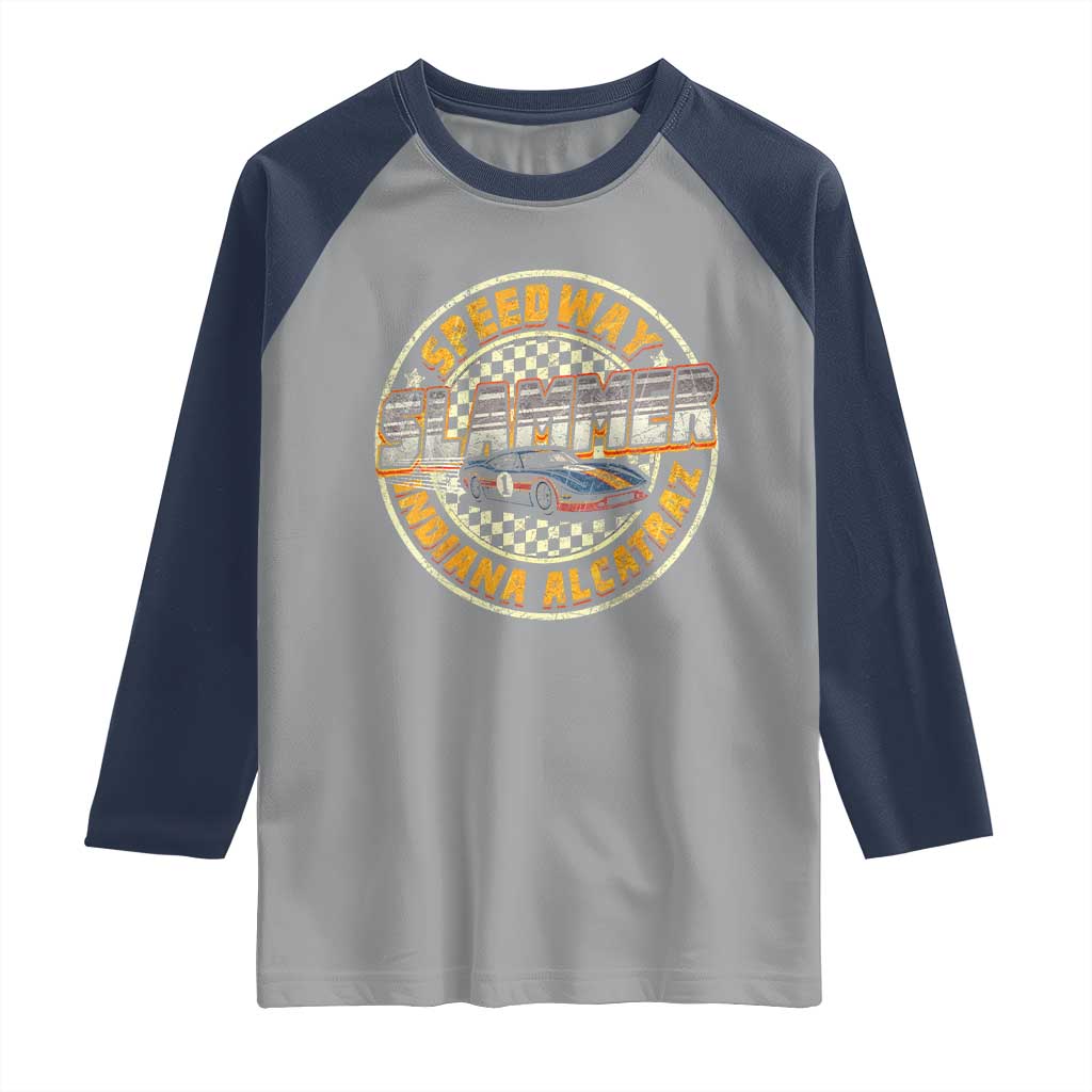 Speedway Slammer 2025 Raglan Shirt Indiana Alcatraz Retro Vintage Racing Graphic TS02 Sport Gray Navy Print Your Wear