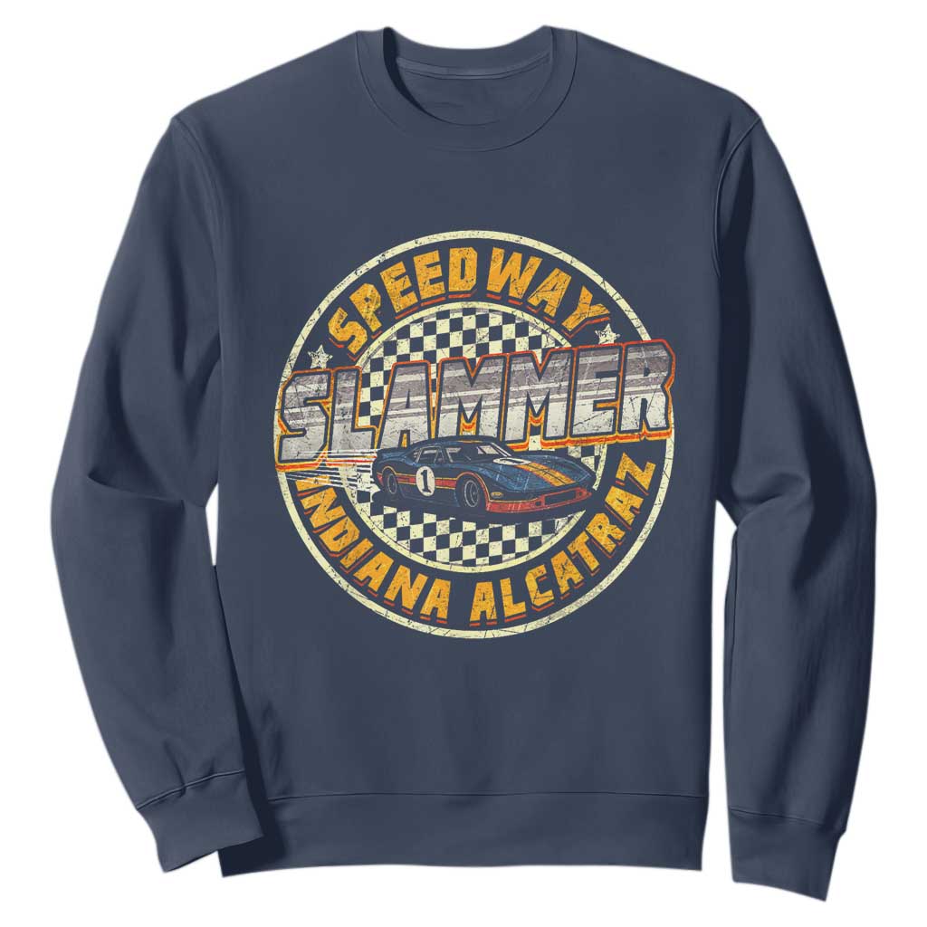 Speedway Slammer 2025 Sweatshirt Indiana Alcatraz Retro Vintage Racing Graphic TS02 Navy Print Your Wear