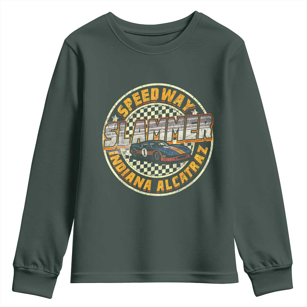 Speedway Slammer 2025 Youth Sweatshirt Indiana Alcatraz Retro Vintage Racing Graphic TS02 Dark Forest Green Print Your Wear