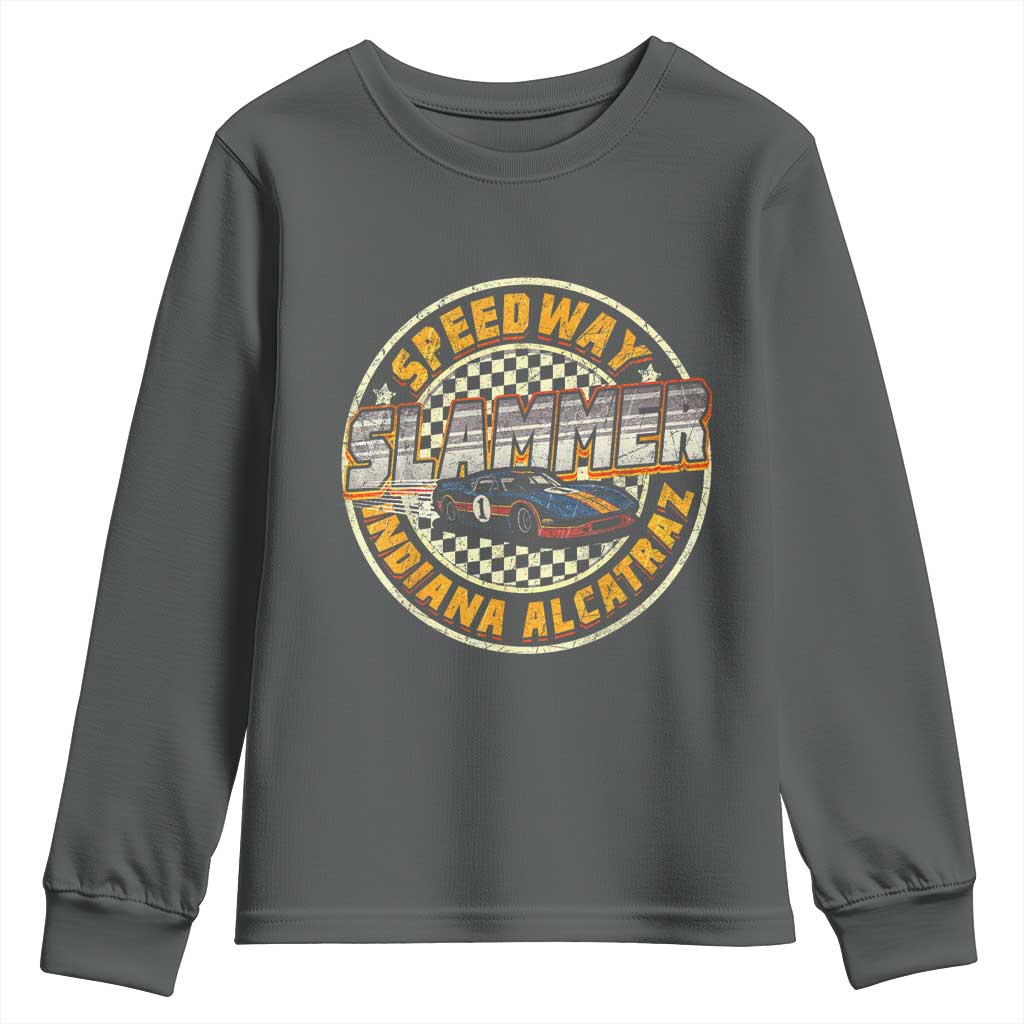 Speedway Slammer 2025 Youth Sweatshirt Indiana Alcatraz Retro Vintage Racing Graphic TS02 Dark Heather Print Your Wear
