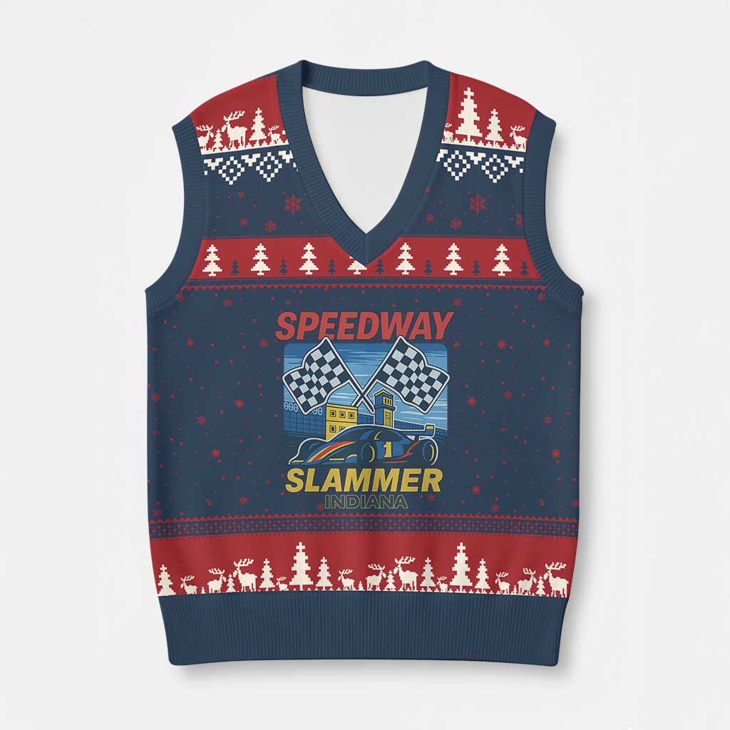 Speedway Slammer 2025 V-Neck Knit Sweater Vest Indiana Alcatraz Vintage Racing Graphic TS02 Navy Red Print Your Wear