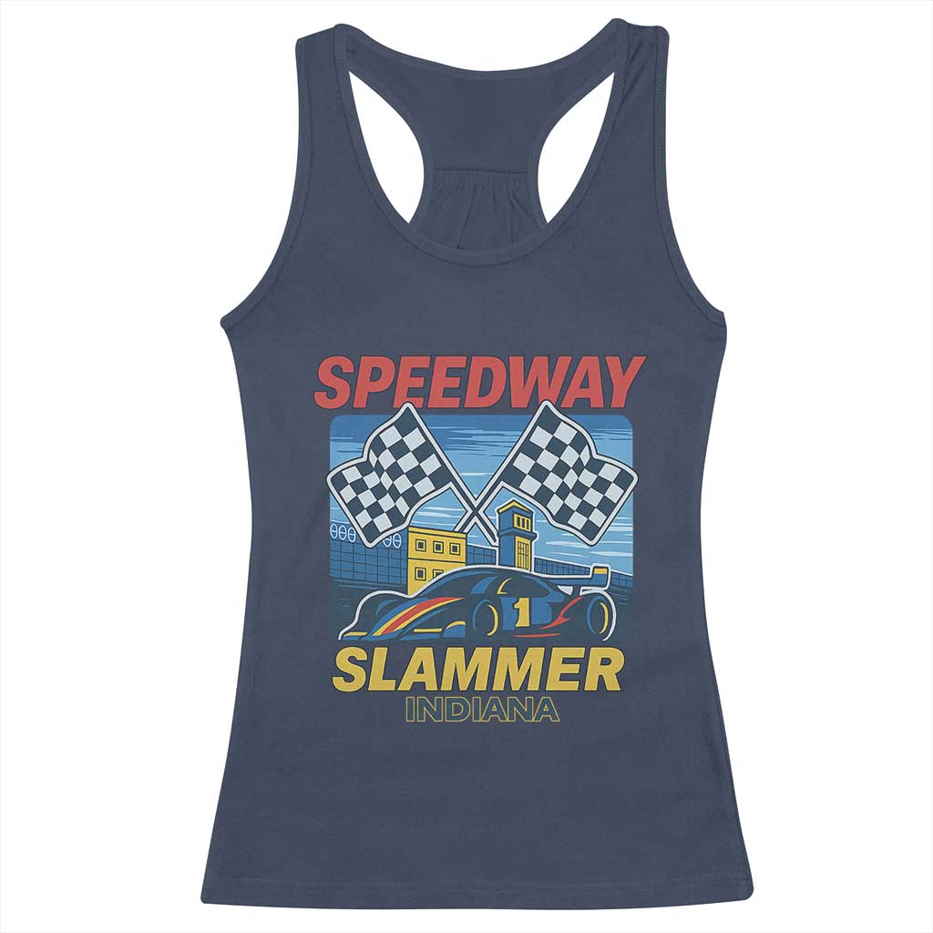 Speedway Slammer 2025 Racerback Tank Top Indiana Alcatraz Vintage Racing Graphic TS02 Navy Print Your Wear