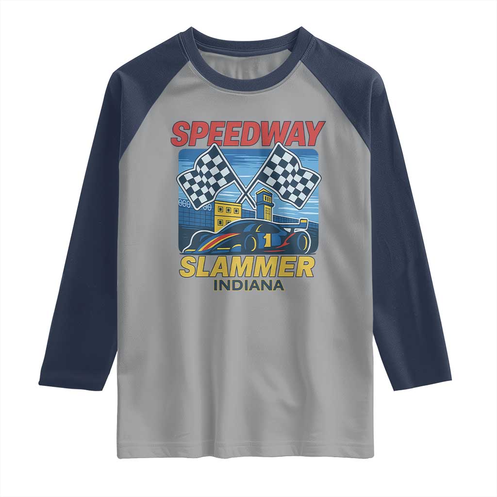 Speedway Slammer 2025 Raglan Shirt Indiana Alcatraz Vintage Racing Graphic TS02 Sport Gray Navy Print Your Wear