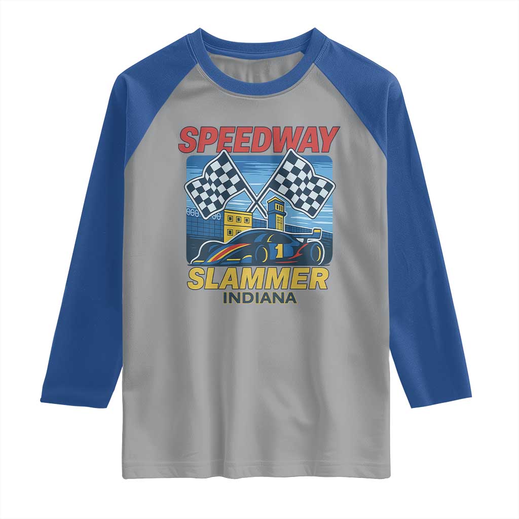 Speedway Slammer 2025 Raglan Shirt Indiana Alcatraz Vintage Racing Graphic TS02 Sport Gray Royal Print Your Wear
