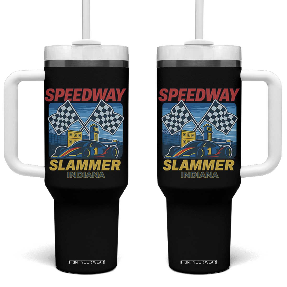 Speedway Slammer 2025 Tumbler With Handle Indiana Alcatraz Vintage Racing Graphic TS02 One Size: 40 oz Black Print Your Wear