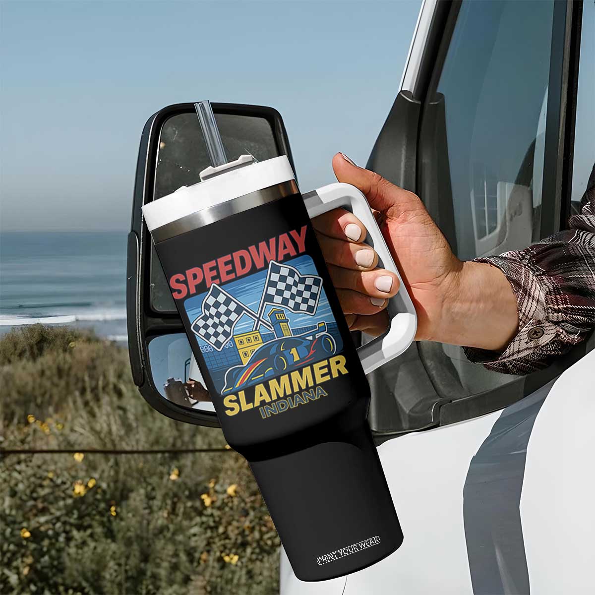 Speedway Slammer 2025 Tumbler With Handle Indiana Alcatraz Vintage Racing Graphic TS02 Print Your Wear