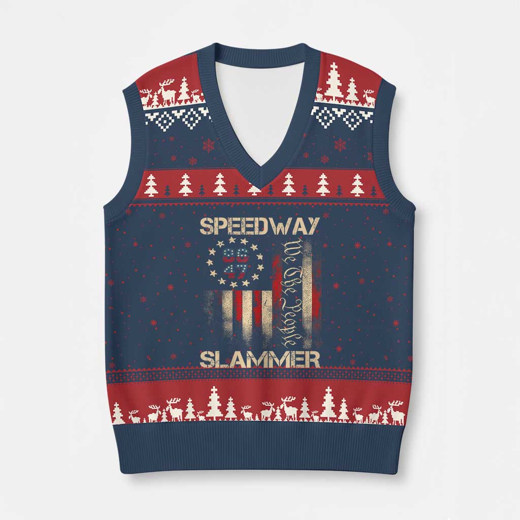 Speedway Slammer 2025 V-Neck Knit Sweater Vest We The People Patriotic Distressed American Flag TS02 Navy Red Print Your Wear