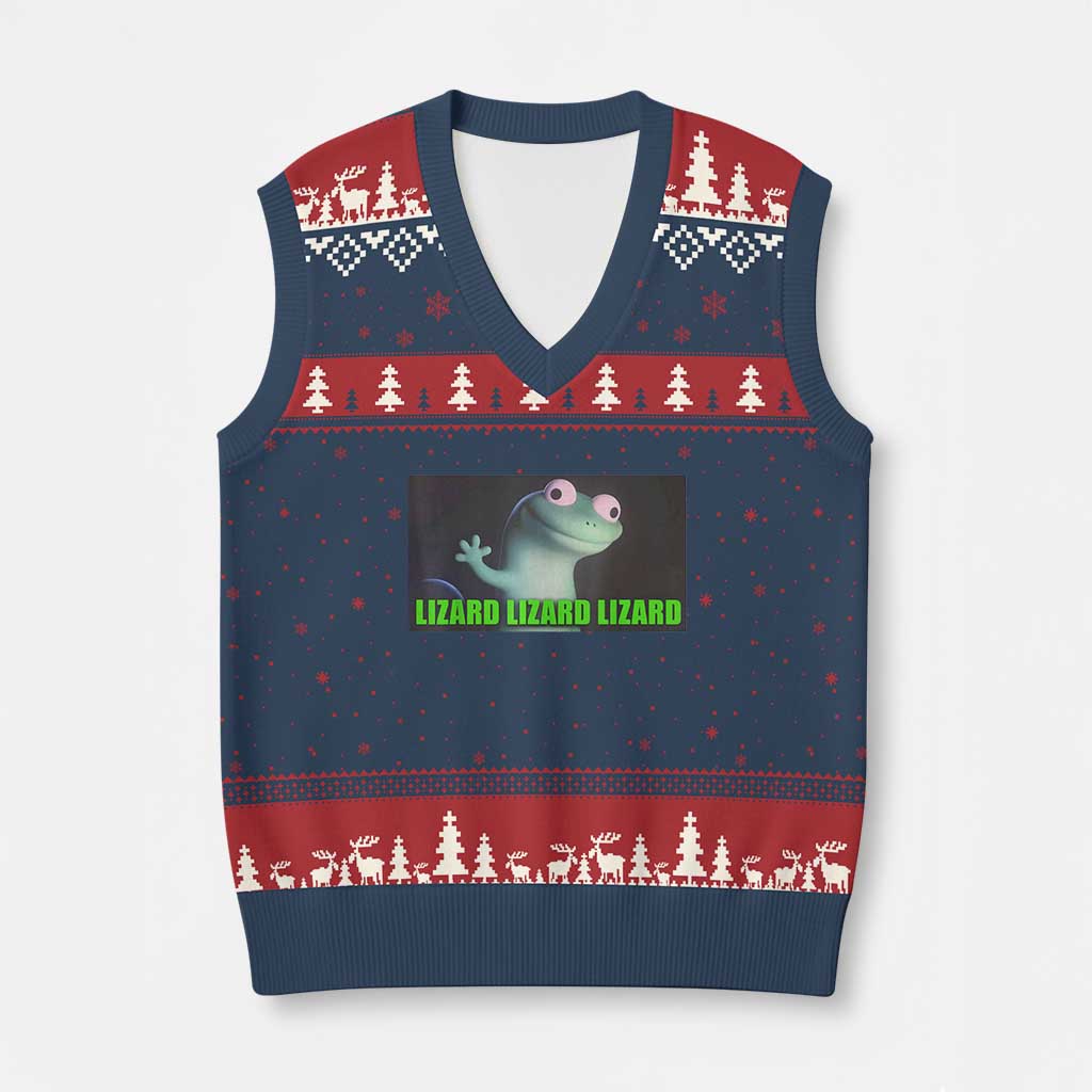 Funny Lizard Lizard Lizard V-Neck Knit Sweater Vest Weirdcore Gecko Meme TS02 Navy Red Print Your Wear