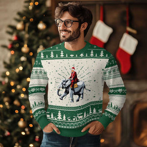 Santa Trump Riding Elephant Xmas Ugly Christmas Sweater He Won 47th President Republican Xmas TS02 Green Print Your Wear