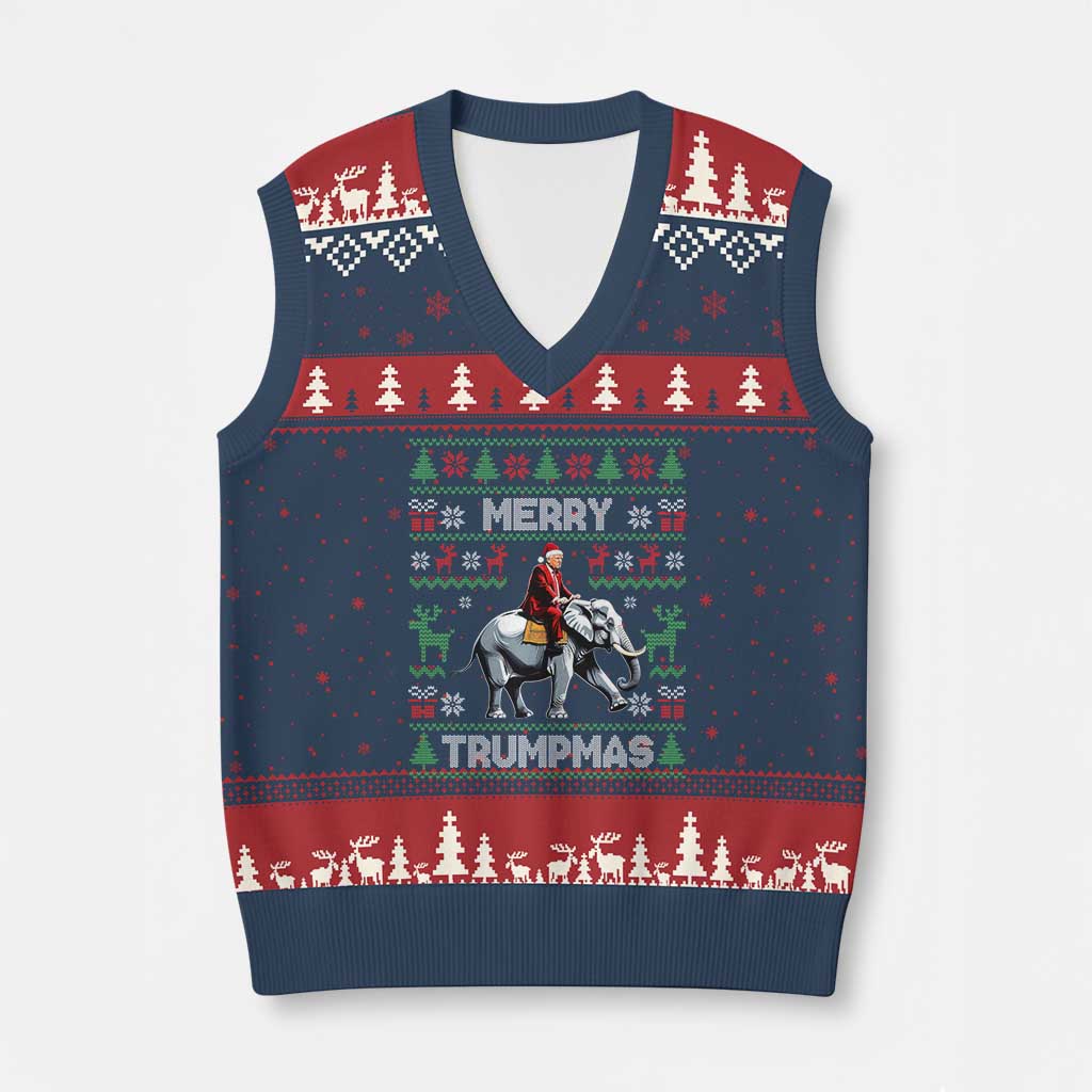 Trump Xmas V-Neck Knit Sweater Vest Merry Trumpmas He Won 47th President Ugly Sweater TS02 Navy Red Print Your Wear