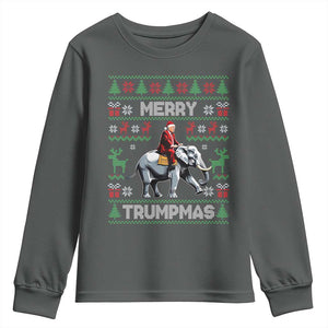 Trump Christmas Youth Sweatshirt Merry Trumpmas He Won 47th President Ugly Sweater TS02 Dark Heather Print Your Wear