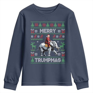 Trump Christmas Youth Sweatshirt Merry Trumpmas He Won 47th President Ugly Sweater TS02 Navy Print Your Wear