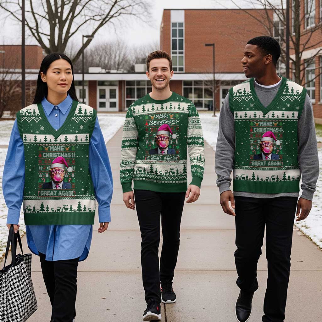Trump Xmas Pink Bubble Gum V-Neck Knit Sweater Vest Make Xmas Great Again Ugly Sweater TS02 Forest Green Beige Print Your Wear
